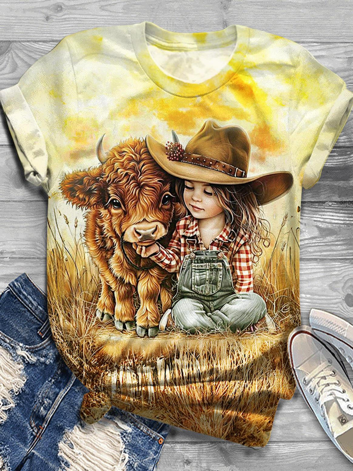 Western Girl Highland Cow Printed Crew Neck T-shirt