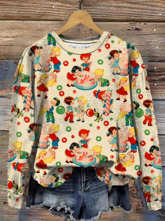 Retro Candy Shop Print Crew Neck Long Sleeve Top