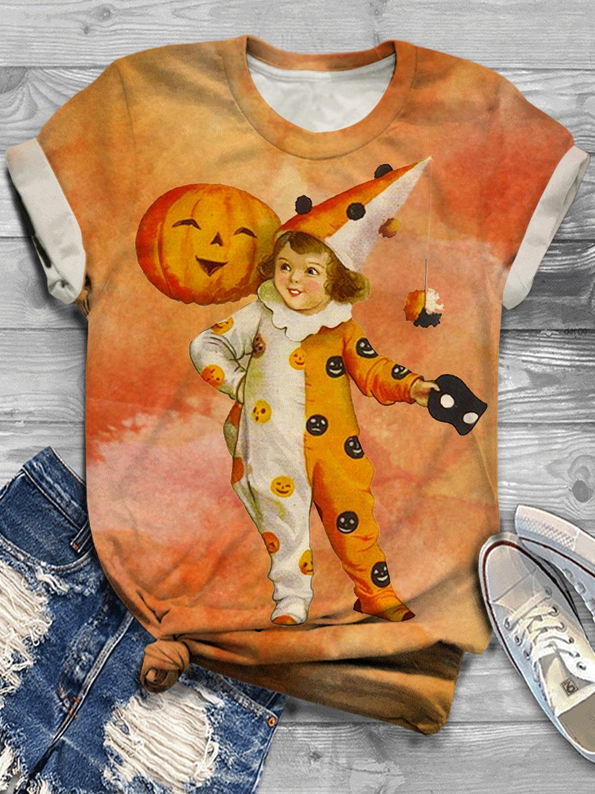 Women Halloween Girls Funny Vintage Print Casual Crew Neck T-Shirt