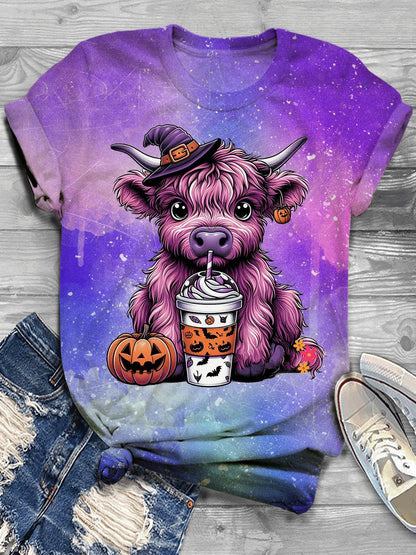 Women's Halloween Pumpkin Cow Tie-Dye Gradient Print Crew Neck T-Shirt