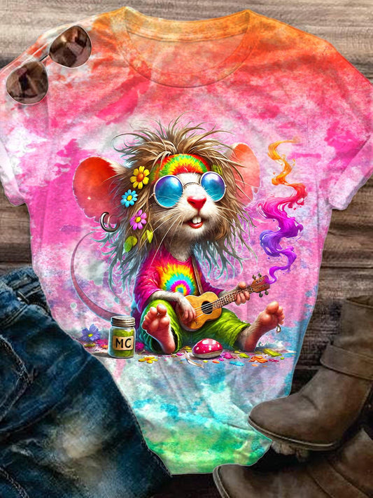 Retro Hippie Cute Mouse Crew Neck T-shirt