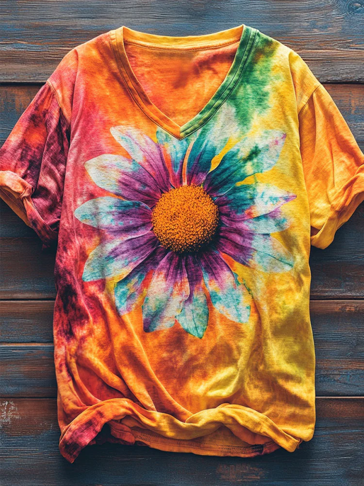 Tie Dye Hippie Sunflower Art V-neck T-Shirt