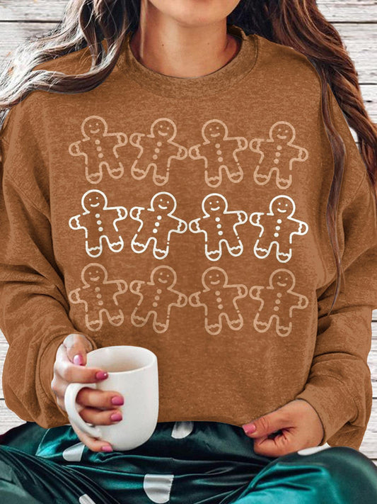 Women's Cute Christmas Gingerbread Man Crew Neck Casual Sweatshirt