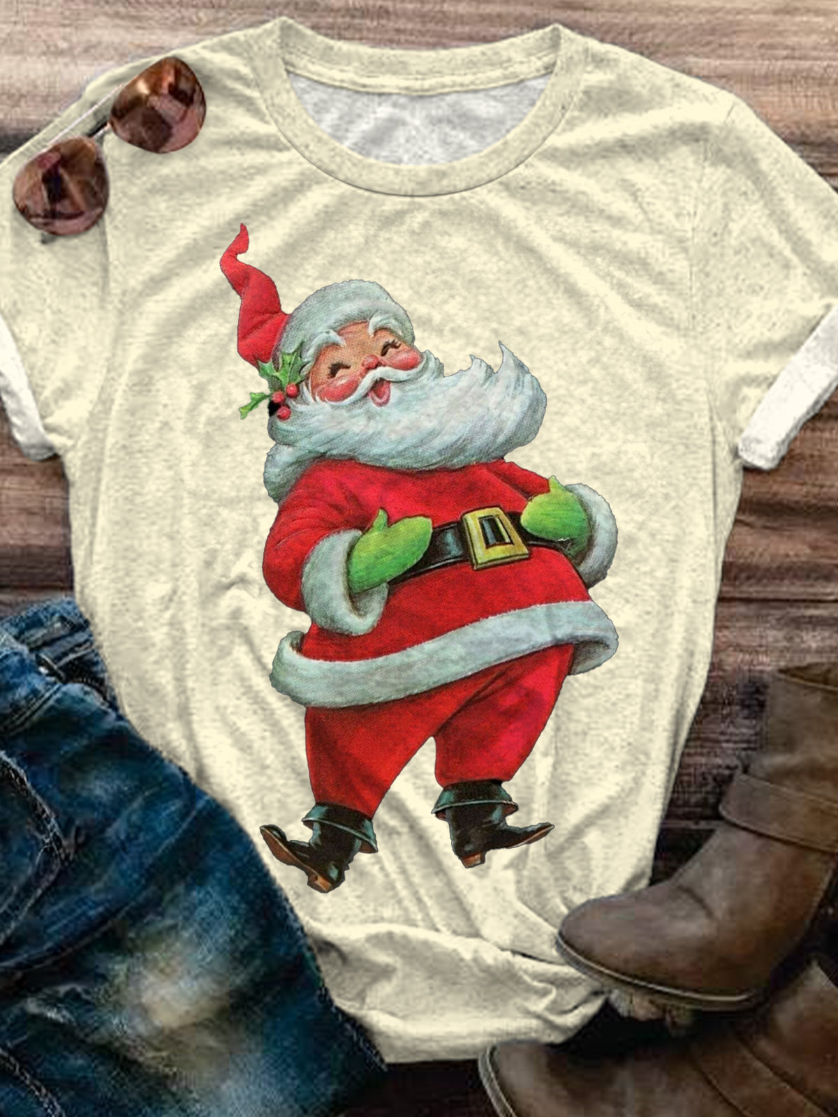 Santa Claus With Green Gloves Crew Neck T-shirt