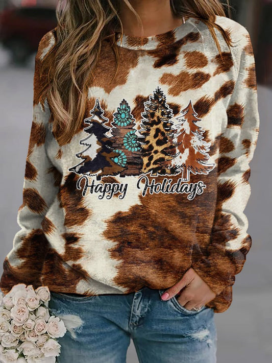 Leopard Happy Holidays Christmas Trees Long Sleeve Casual Top