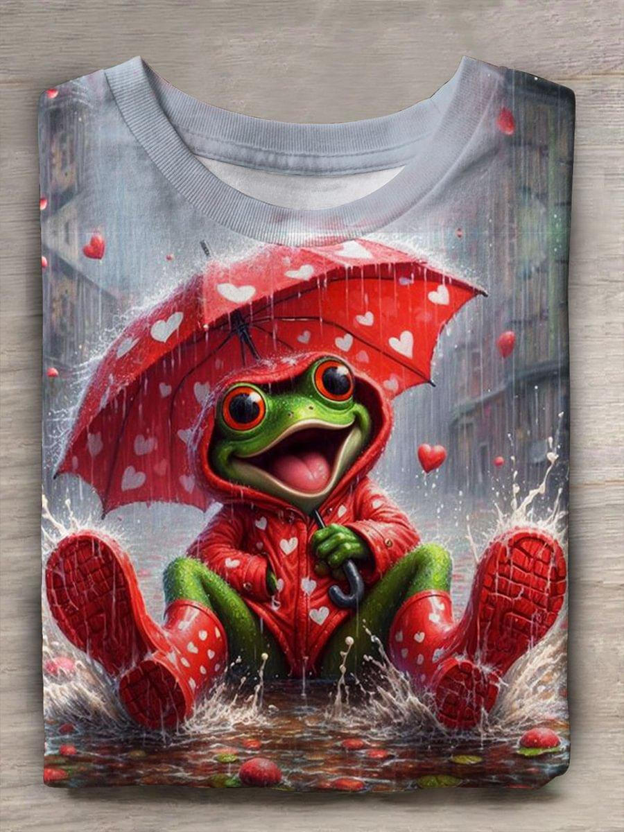 Cute Rain Frog Diamond Crew Neck T-shirt