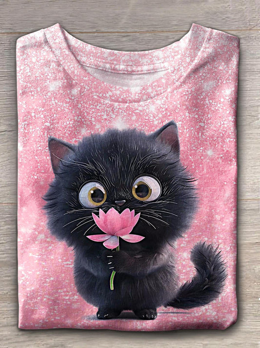 Women's Valentine's Day Cute Cat Print Crew Neck T-shirt