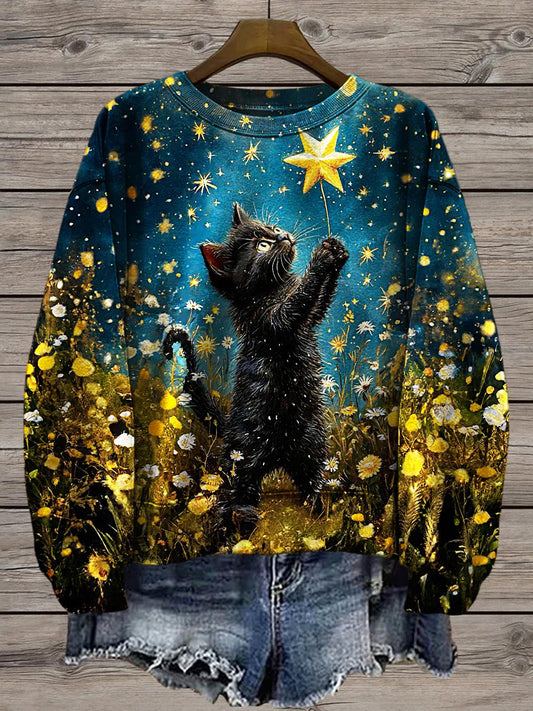 Women's Star Cat Printed Long Sleeve Casual Top