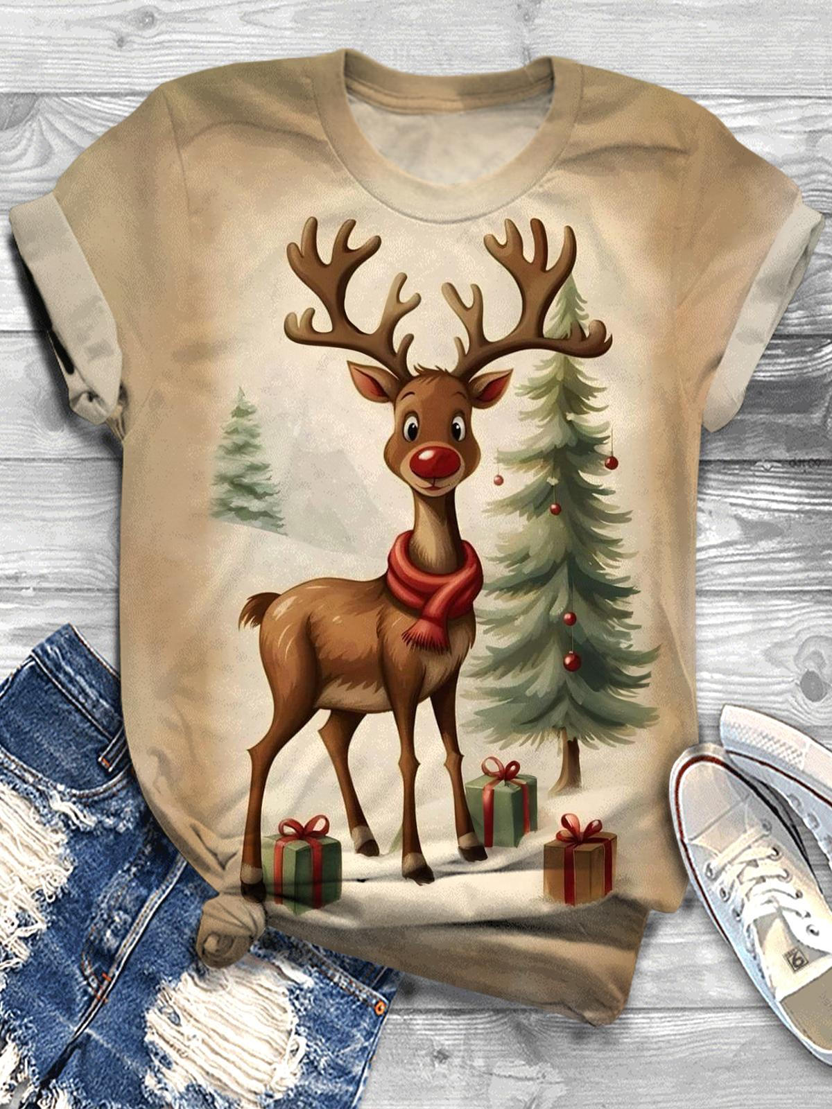 Vintage Reindeer Christmas Crew Neck T-shirt