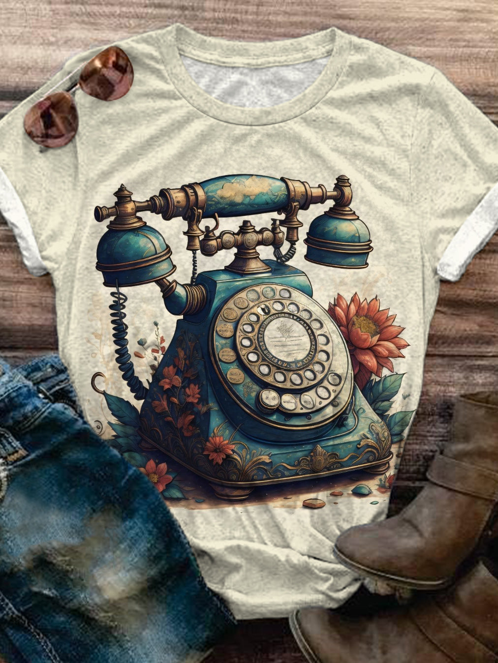 Vintage Telephone Print Crew Neck T-shirt