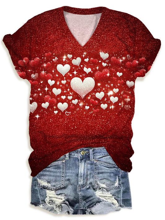 Glitter Valentines Day Hearts V-Neck T-Shirt