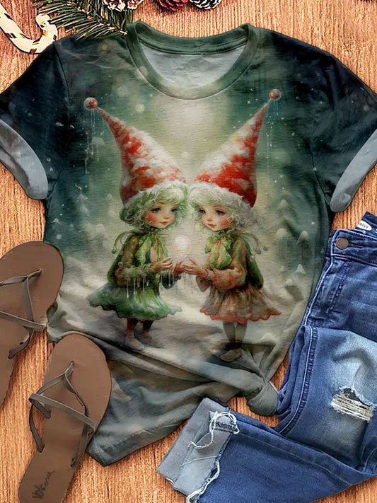 Retro Little Girl Wearing Santa Hat Crew Neck T-shirt