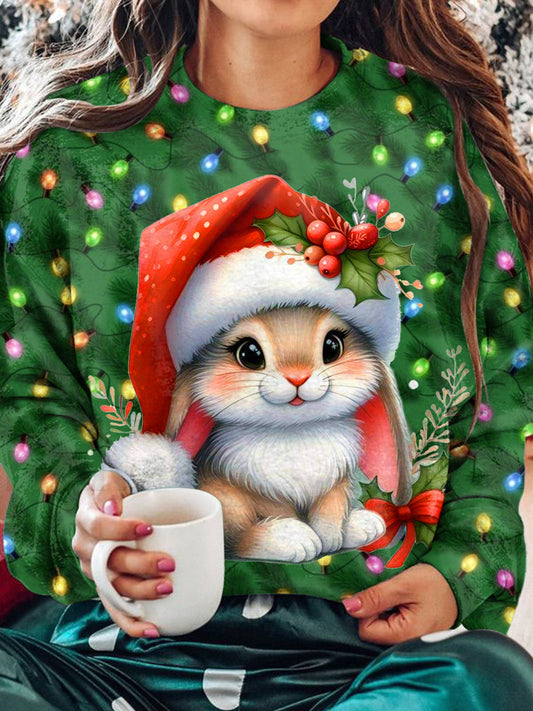 Women's Christmas Bunny Lights Print Long Sleeve Top