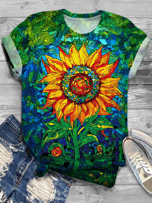 Women's Colored Sunflowers Crew Neck T-shirt