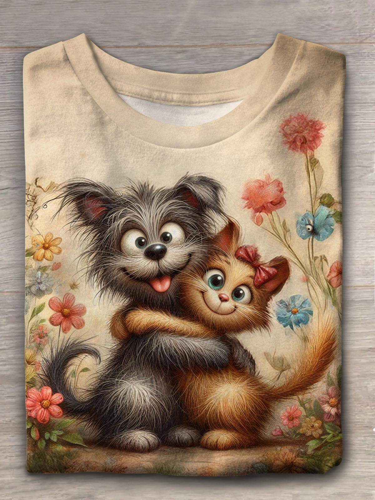 Cute Puppy And Kitten Retro Crew Neck T-shirt