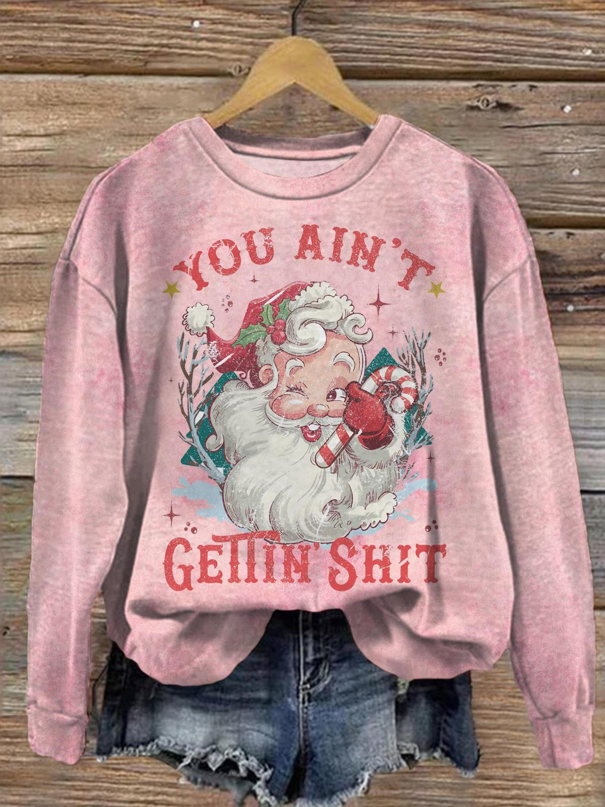 Sarcastic Holiday Humor Vintage Santa Printed Long Sleeve Casual Top