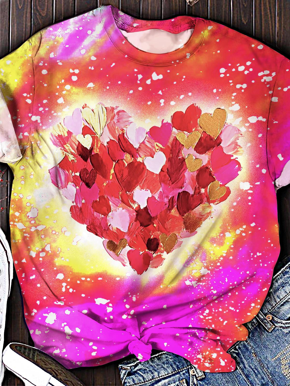 Women's Valentine's Day Heart Colorful Print Crew Neck T-shirt