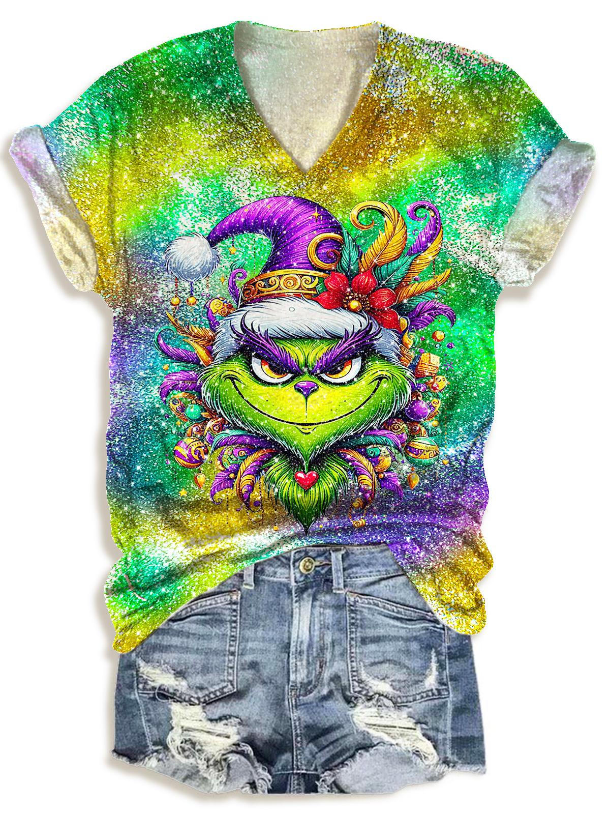 Women's Green Fur Colorful Carnival Print V-Neck T-Shirt