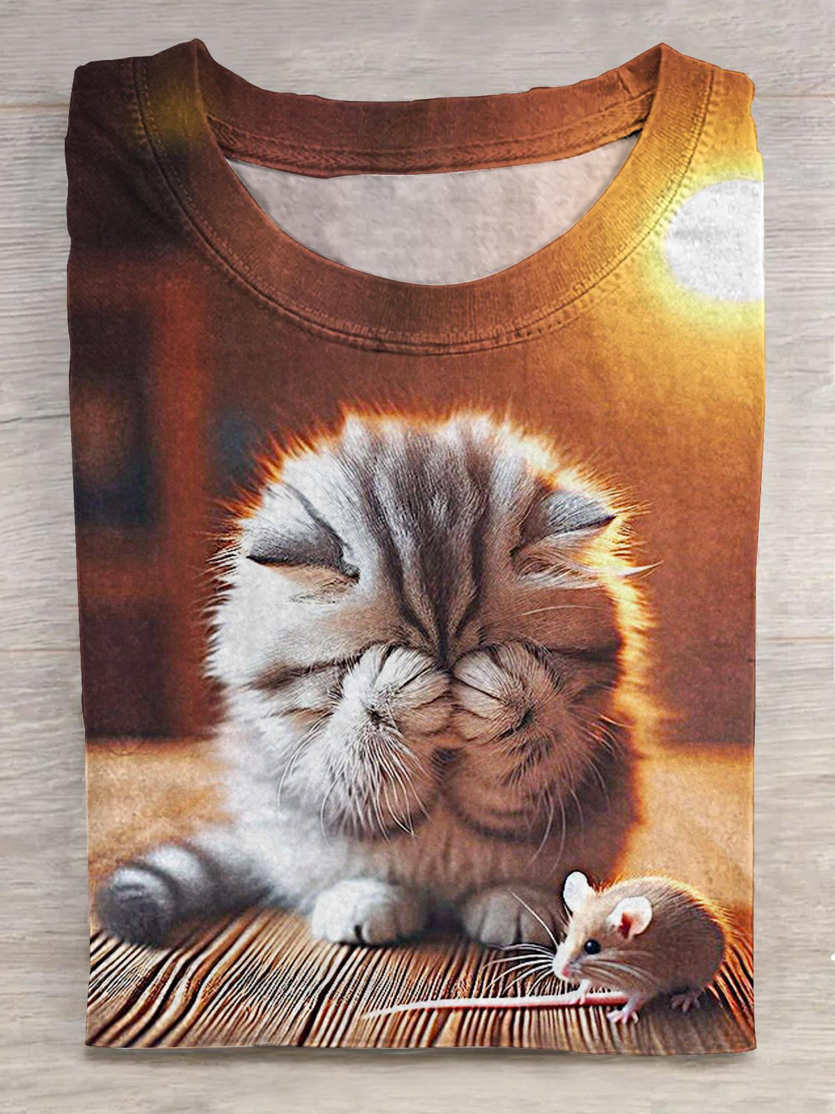 Cute Cat And Mouse Print Crew Neck T-shirt