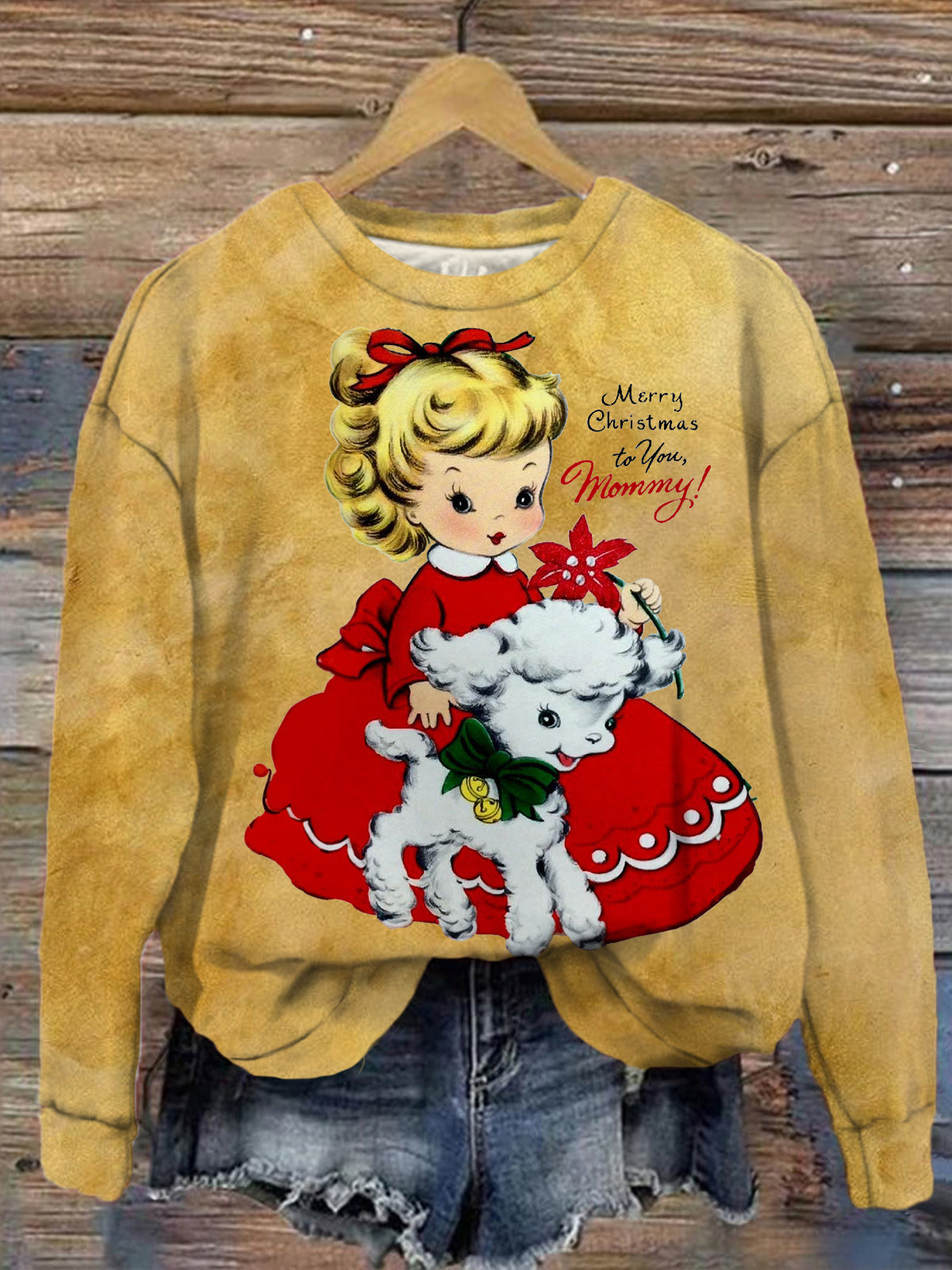 Women's Christmas Girls Lamb Vintage Print Round Neck Casual Tops