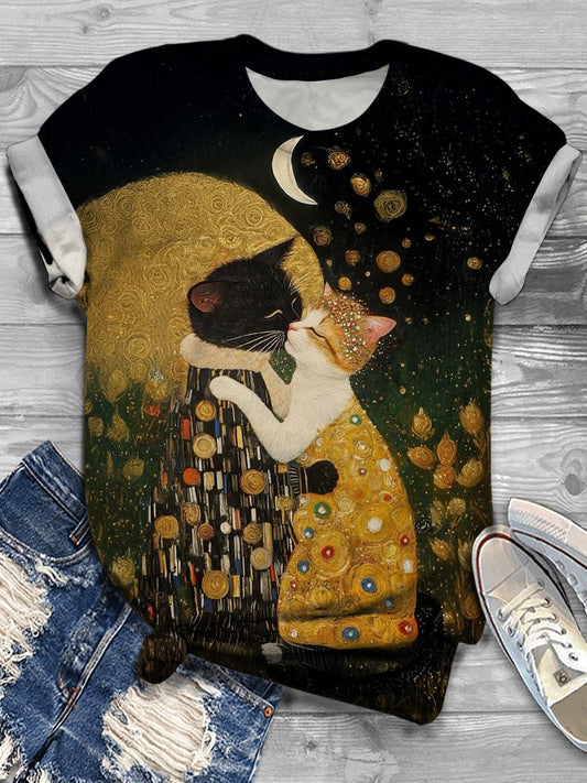 Women's Cute Cat Imitation Painting Print Casual T-shirt