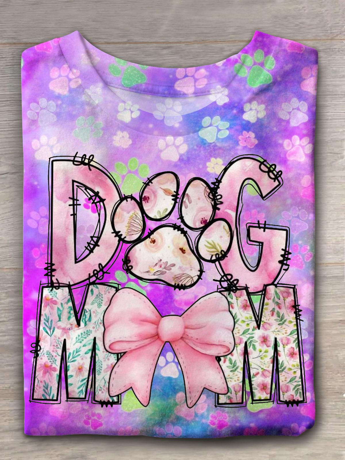 Funny Dog Mom Pawz Printed Crew Neck T-shirt