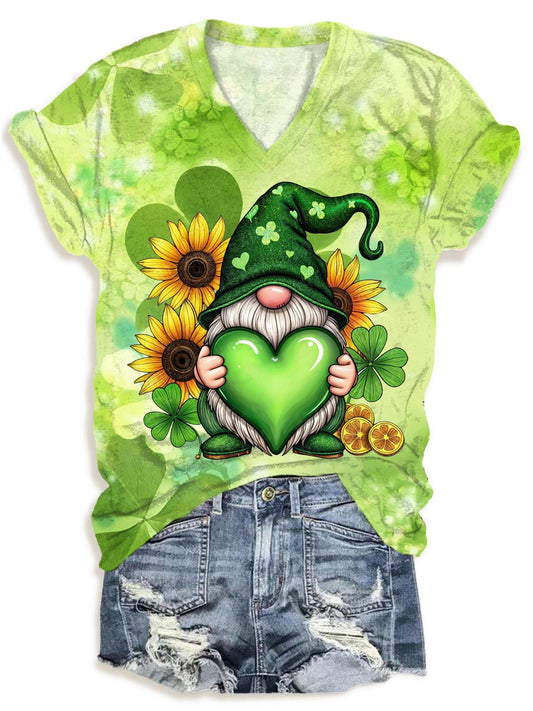 St. Patrick's Day Shamrock Sunflowers Gnome V Neck T-Shirt