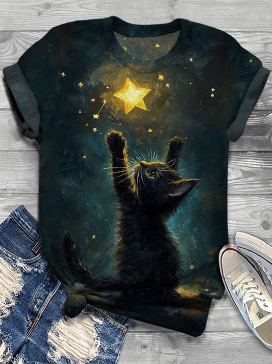 Women's Night Sky Cute Cat Wishing Stars Printed Casual T-shirt