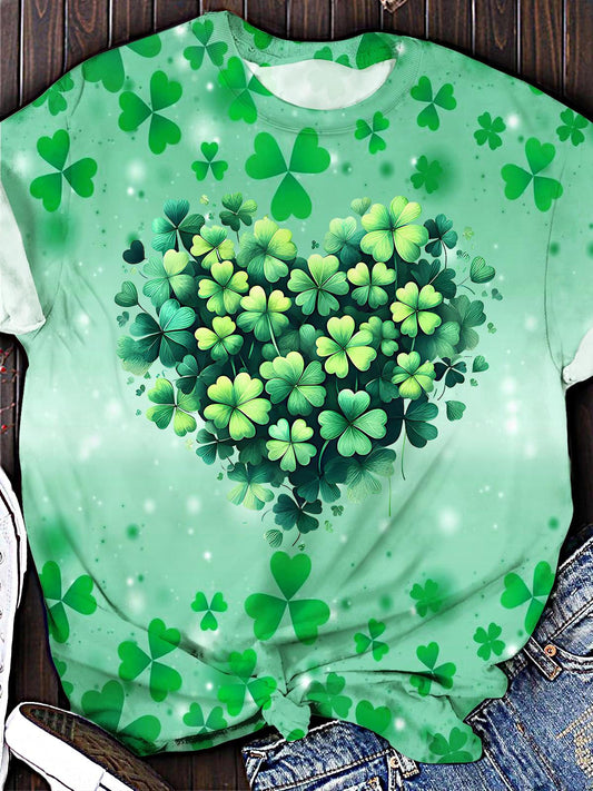 St. Patrick's Day Clover Heart Print Crew Neck T-shirt