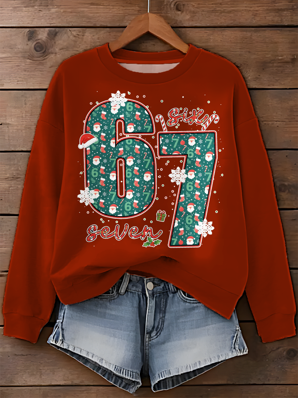 Funny Six Seven Meme Christmas Printed Long Sleeve Casual Top