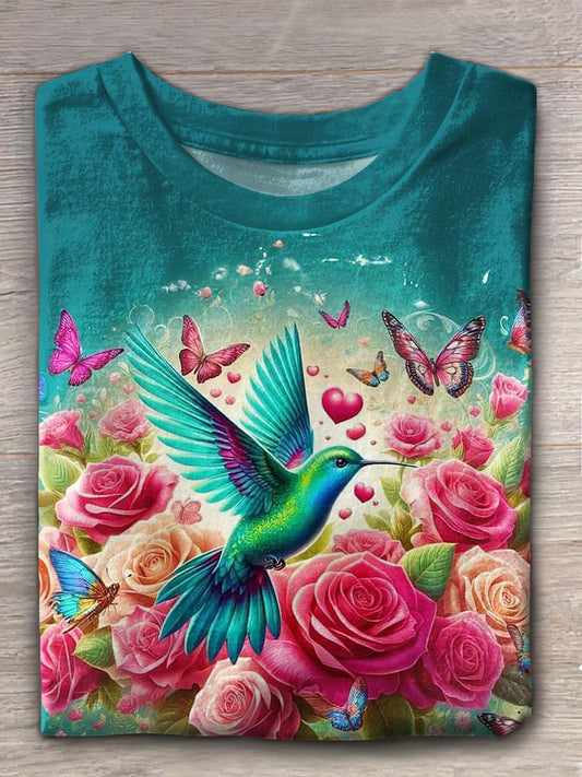 Women's Vintage Valentine's Day Hummingbird Crew Neck T-shirt