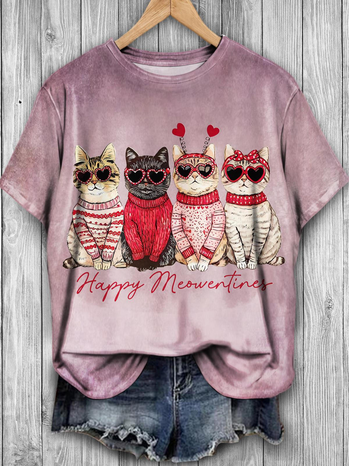 Women's Happy Valentine's Day Cute Cat Vintage Print Casual T-shirt