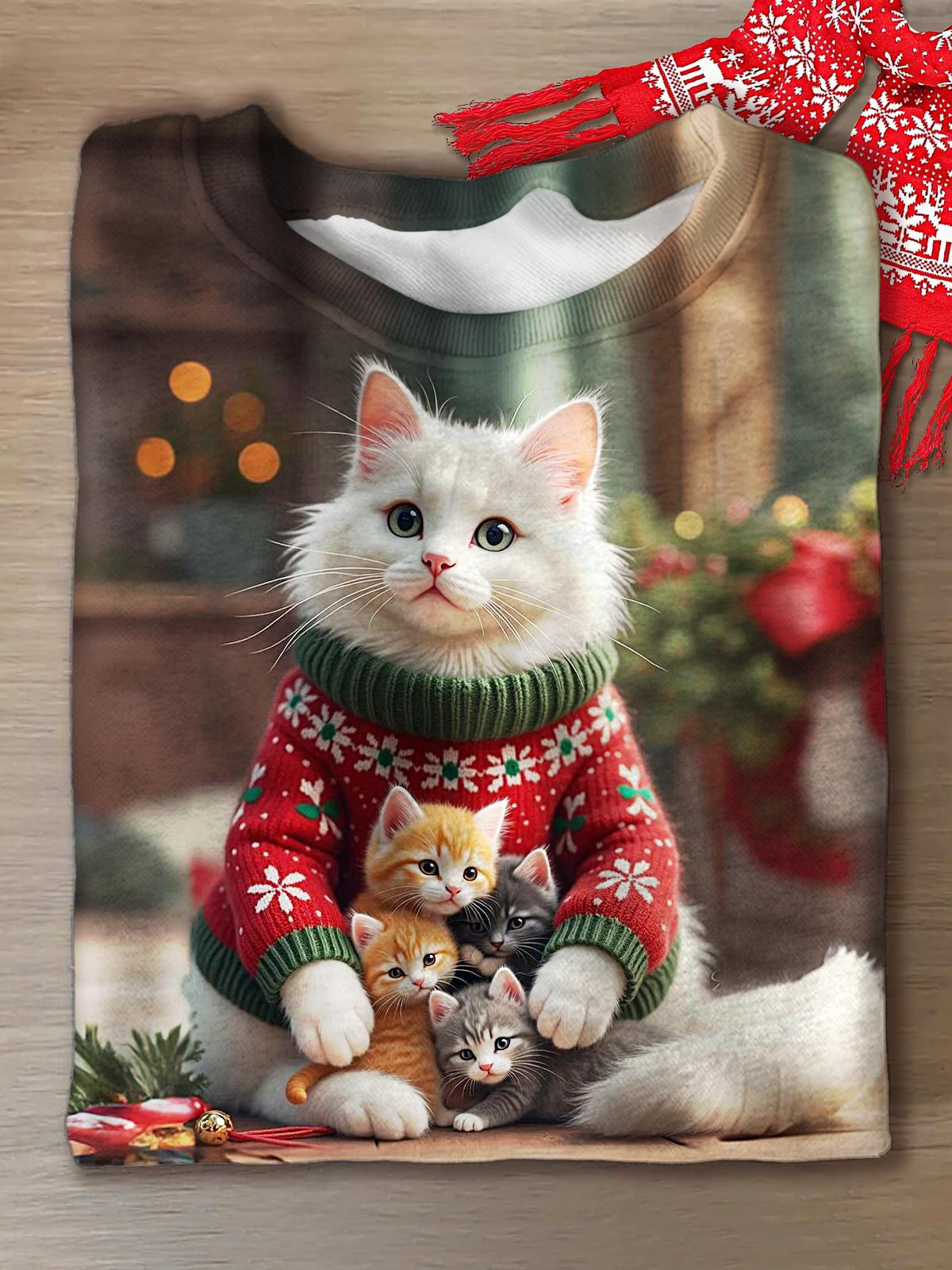 Women's Christmas Cat And Baby Printed Long Sleeve Casual Top