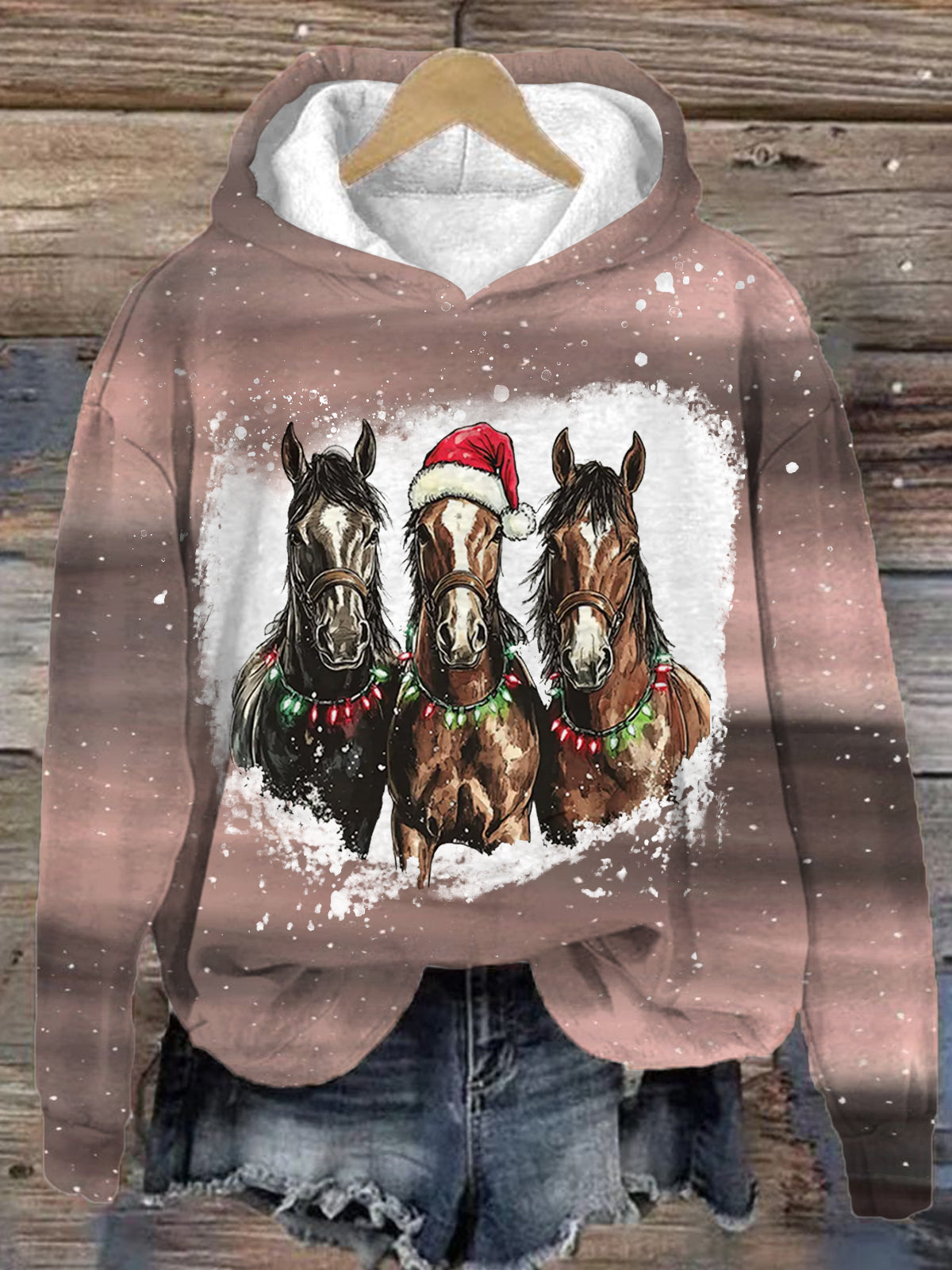 Christmas Funny Horse Long Sleeve Printed Hoodie