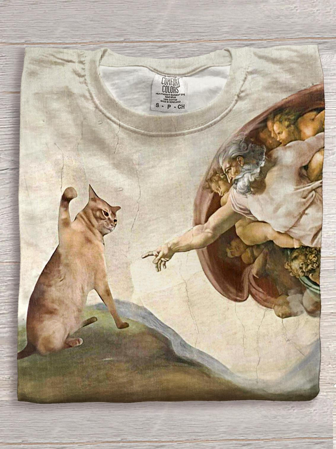 Cute Funny Cat Oil Painting Print Crew Neck T-shirt