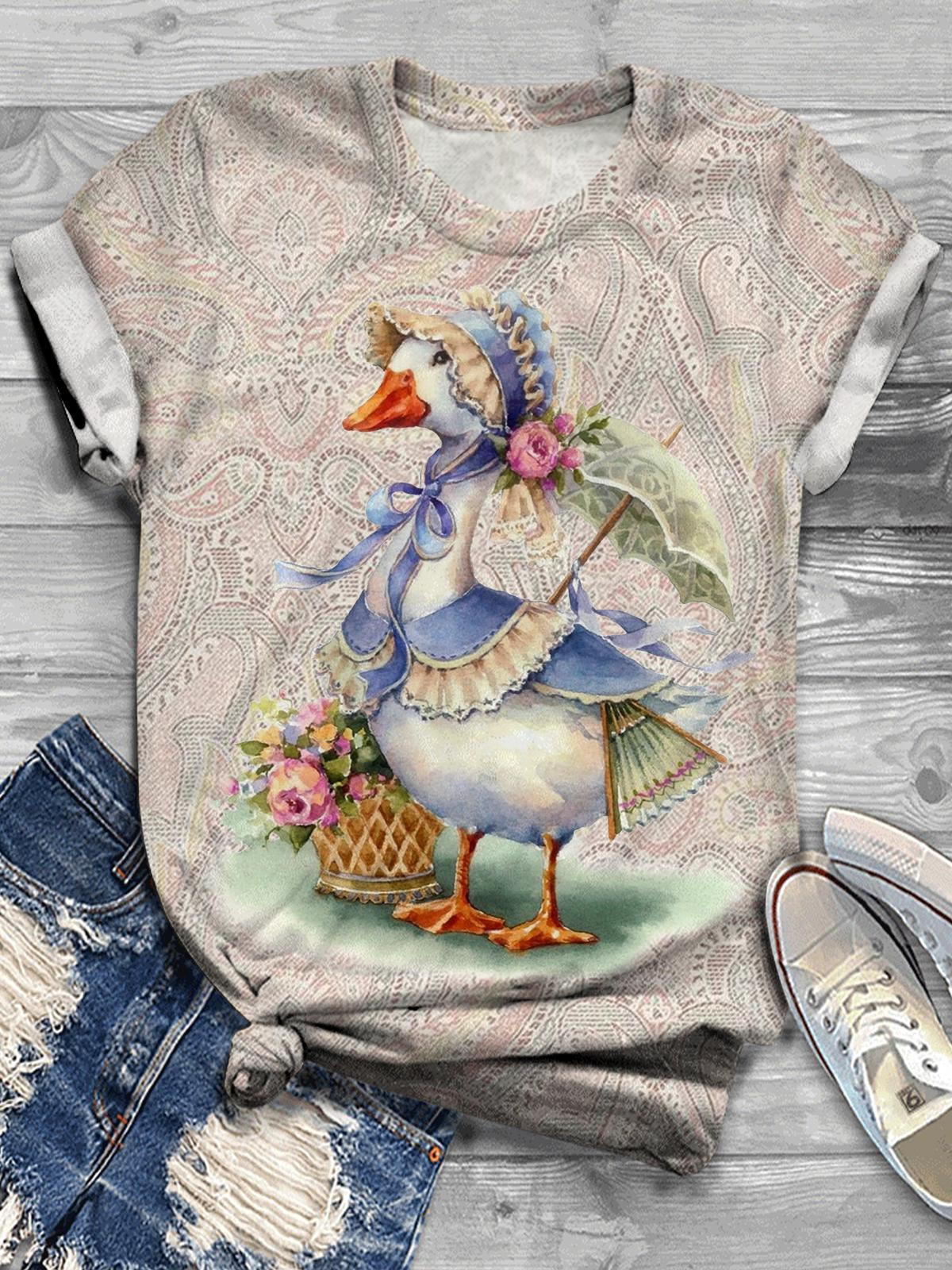 Women's Cute Duck Lady Floral Retro Print Casual T-shirt