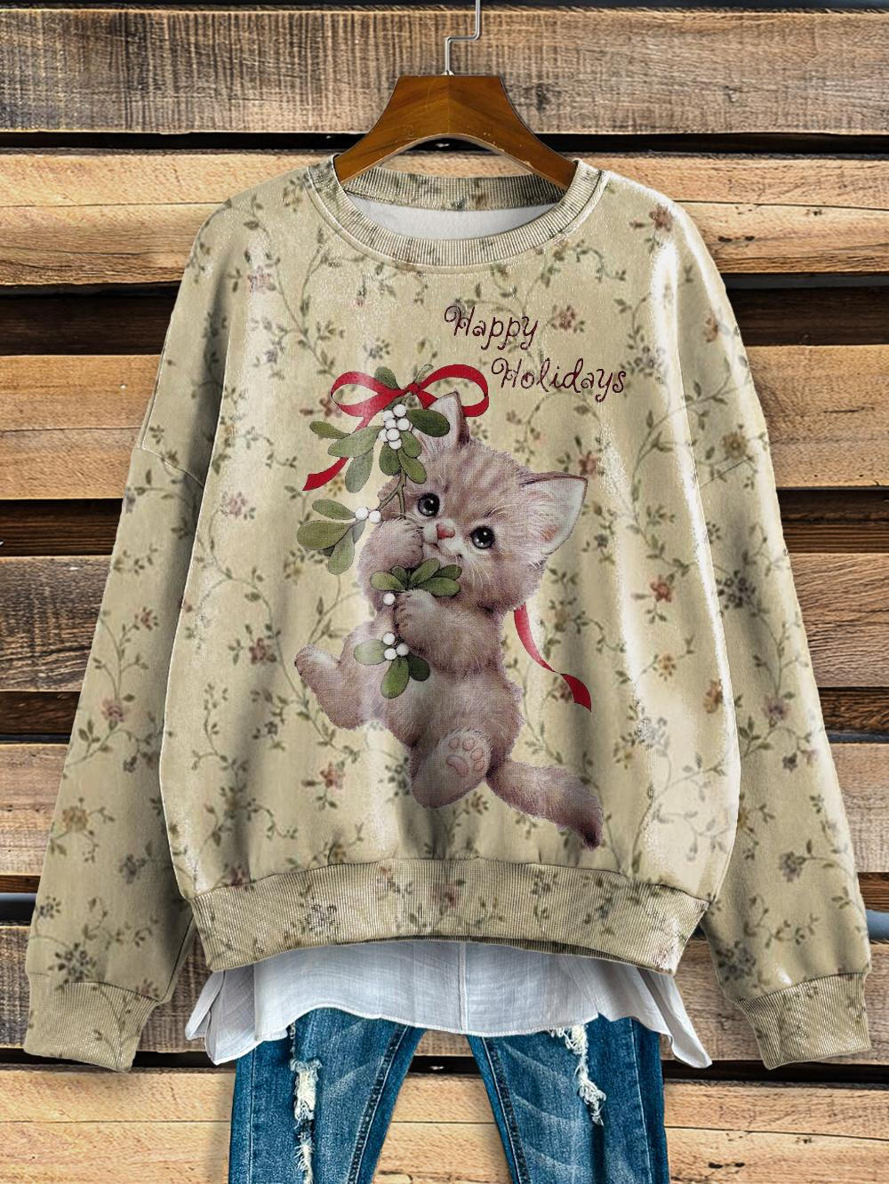 Happy Holidays Cute Cat Vintage Print Long Sleeve Top