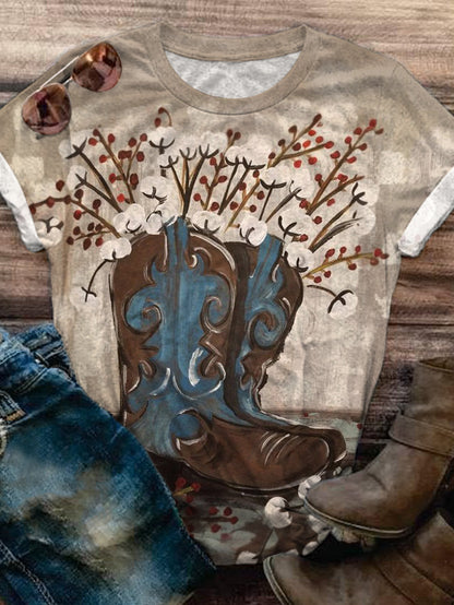 Women's Vintage Western Boots Crew Neck T-shirt