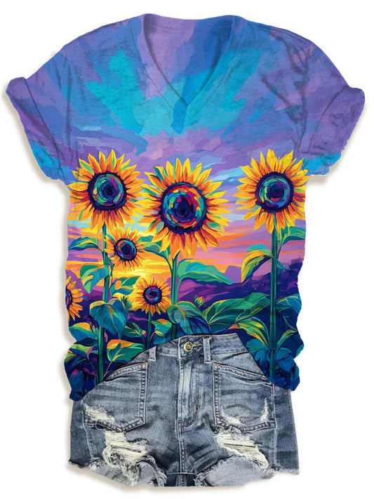 Women's Sunflower Print V-Neck T-Shirt