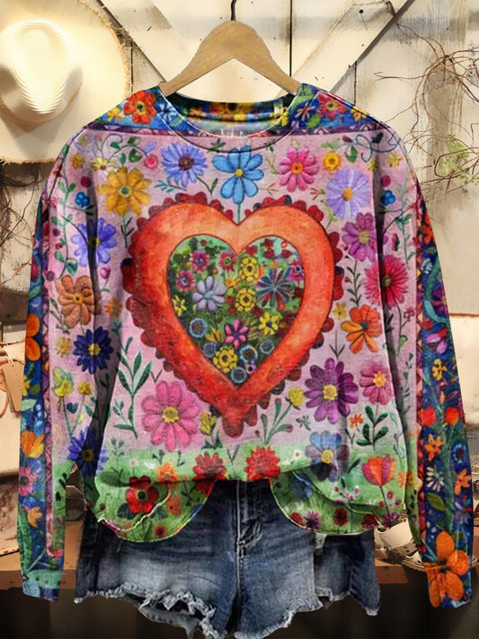 Vintage Valentine Art Printed Long Sleeve Casual Top