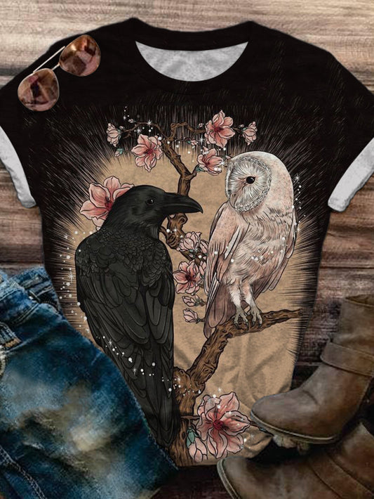 Women Owl And Crow Print Crew Neck T-shirt