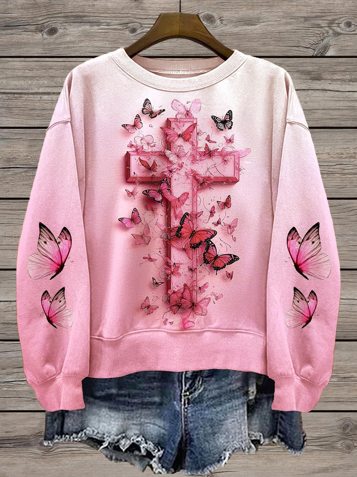 Women's Jesus Butterfly Cross Printed Long Sleeve Casual Top