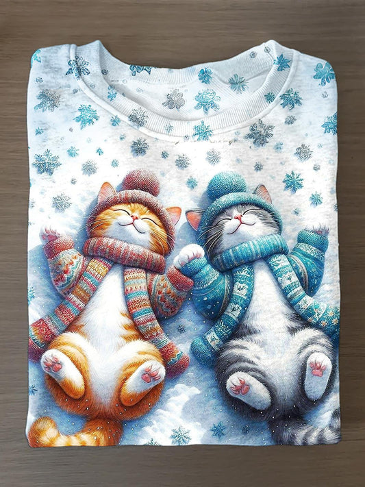 Winter Christmas Cat Printed Long Sleeve Casual Top