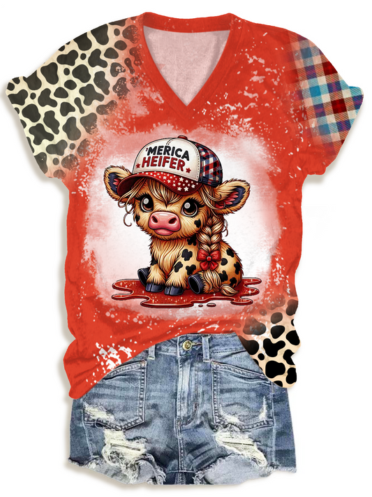 July 4th Cute Baby Highland Cow V-neck T-Shirt