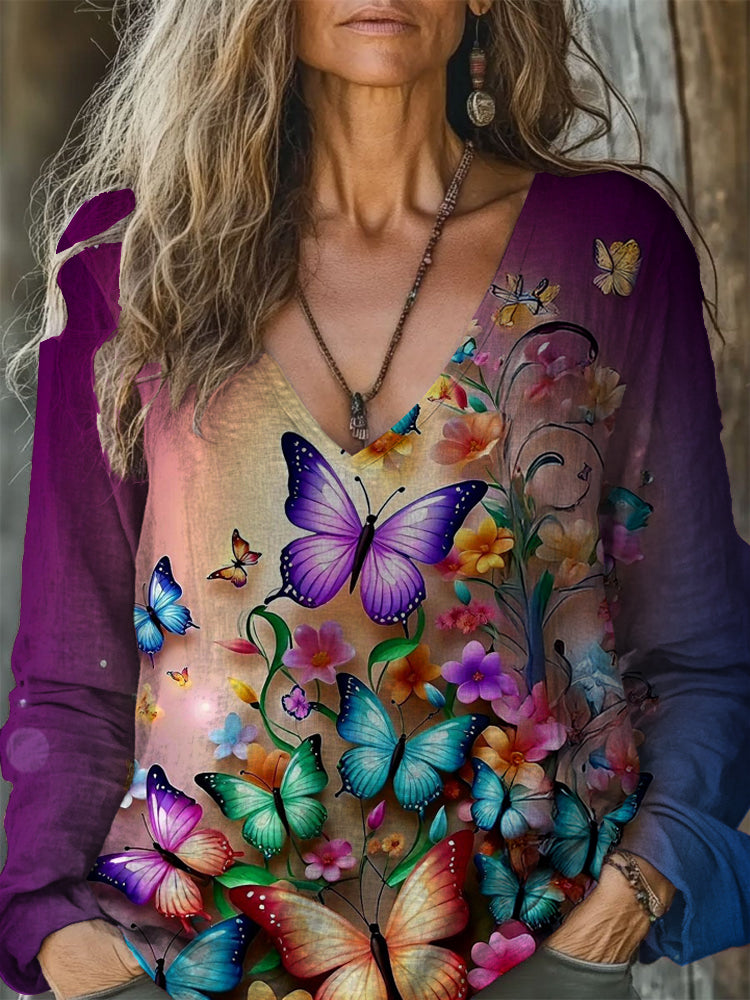 Colorful Butterfly Gradient Print V-neck Long Sleeve Top