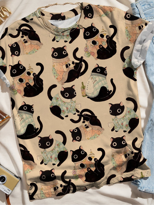 Women's Retro Cat Wool Fun Print Casual T-shirt