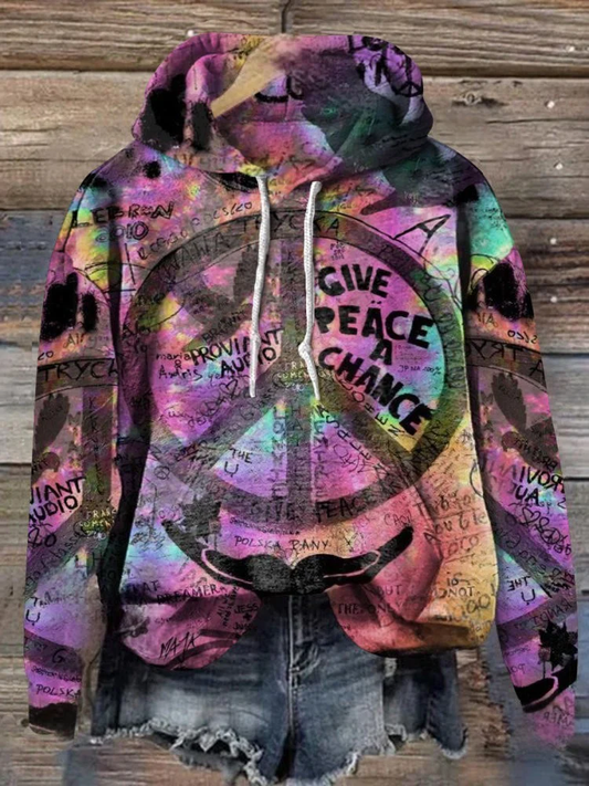 Give Peace A Chance Loose Fit Hooded Sweatshirt With Pockets