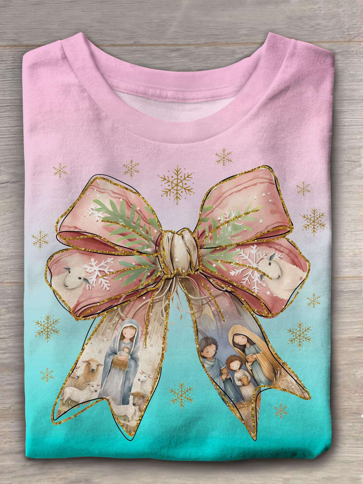 Pink Blue Christmas Bow Crew Neck T-shirt