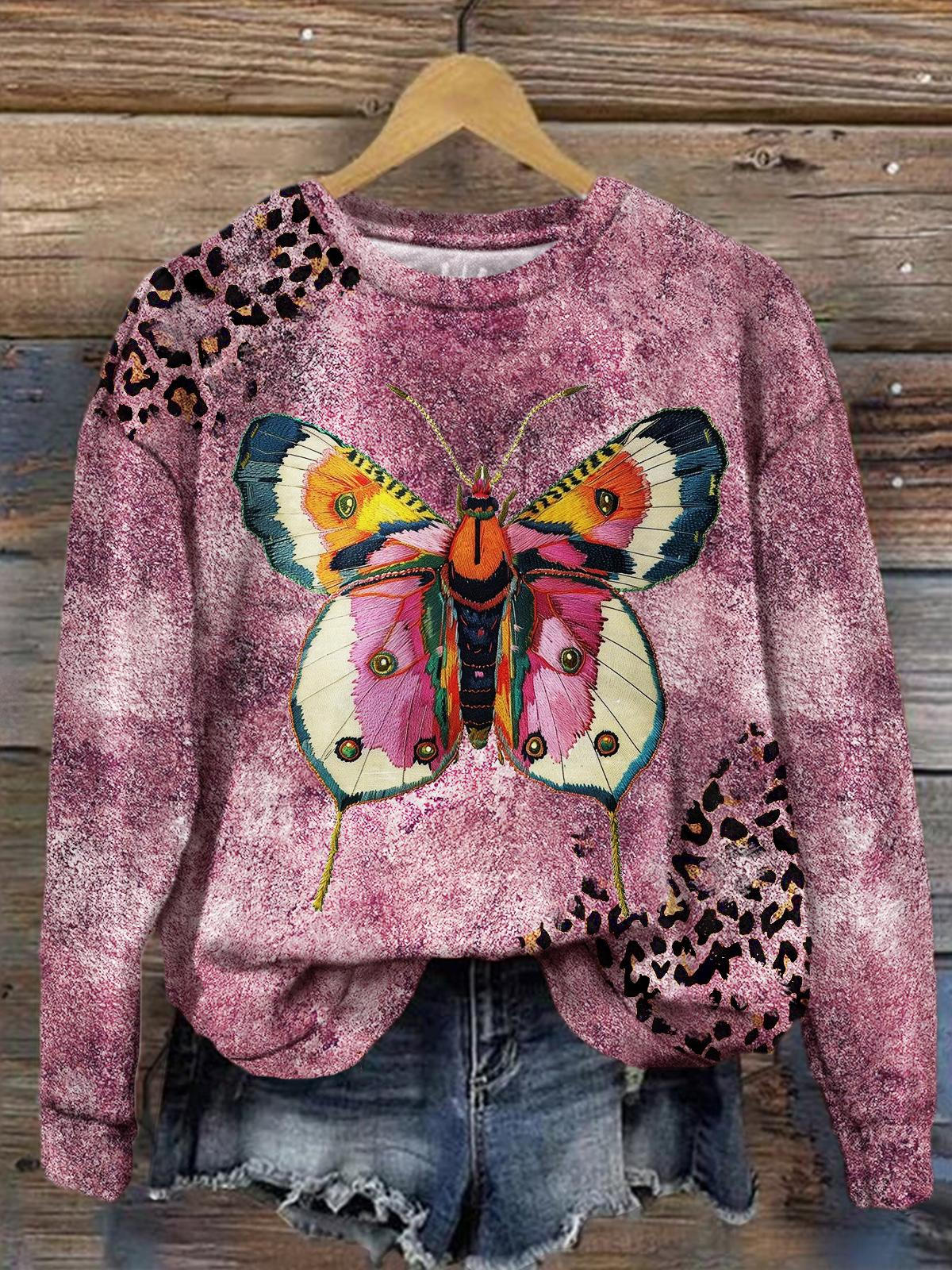 Women's Imitation Embroidery Butterfly Sexy Retro Printed Long Sleeve Top