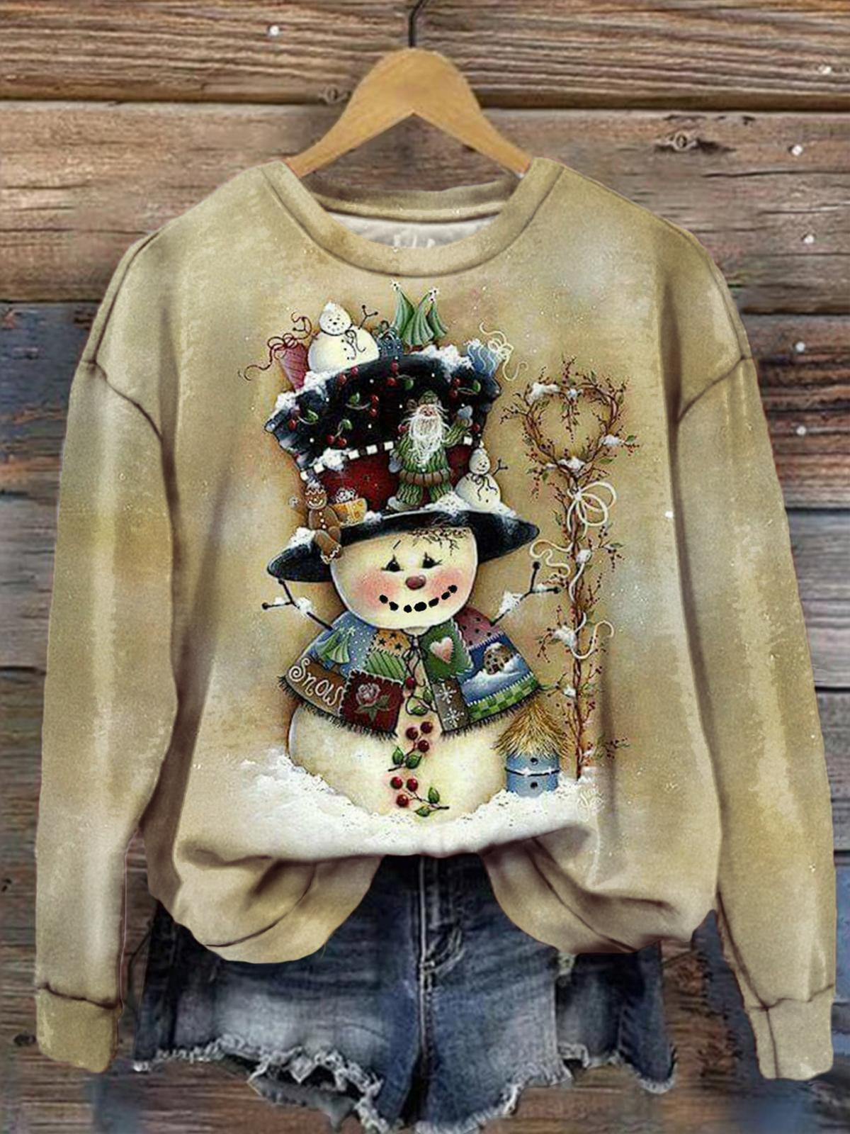 Christmas Cute Snowman Retro Print Long Sleeve Top